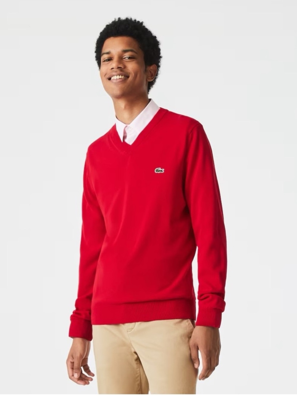 Lacoste Red V-Neck 100% Pima Cotton Sweater Size S